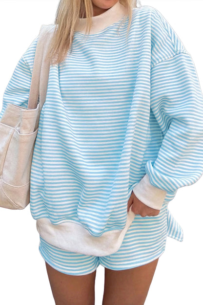Sky Blue Stripe Oversize Mock Neck Sweatshirt and Shorts Set