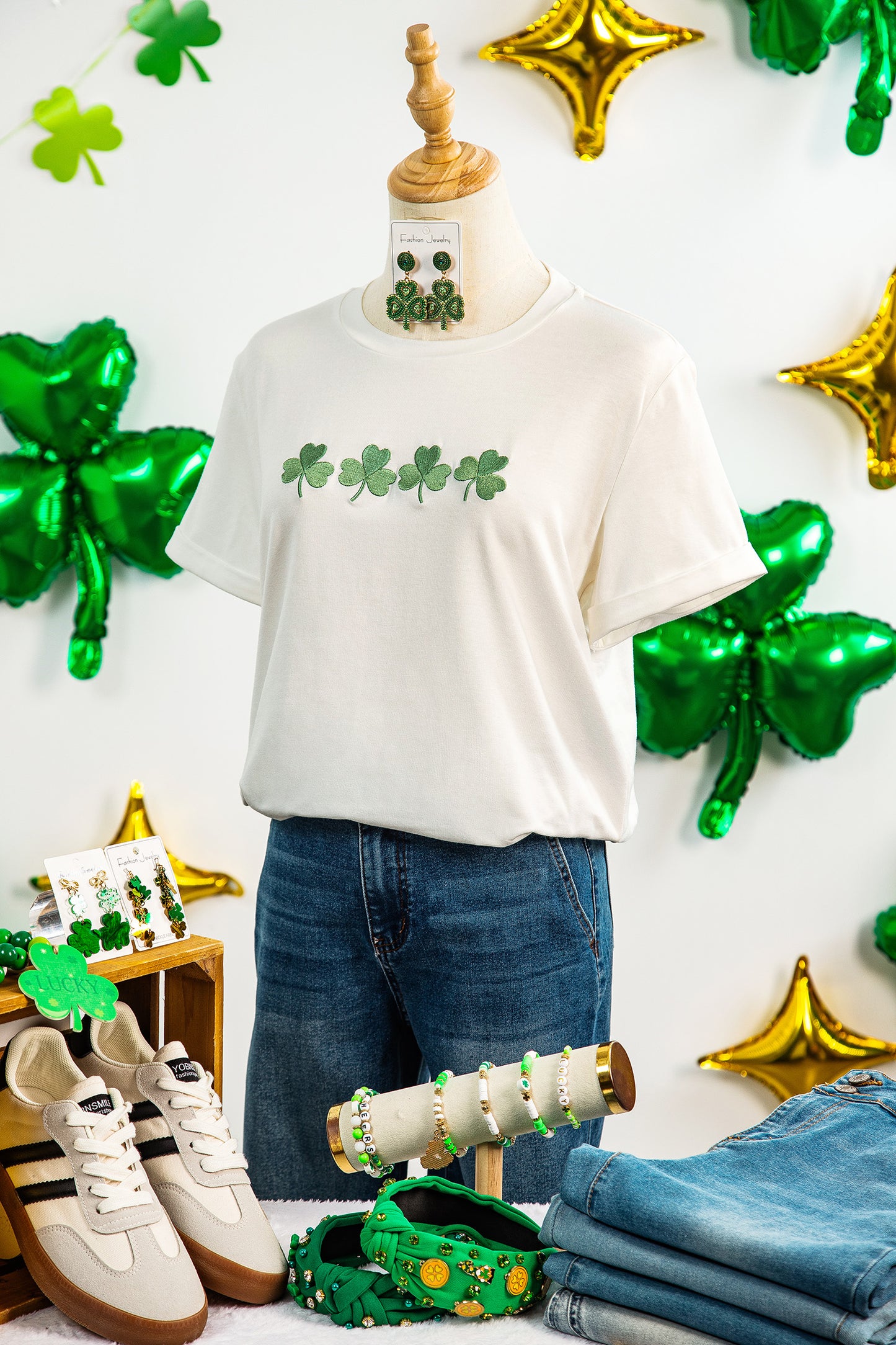 White Embroidered Clover St Patricks Fashion Graphic Tee