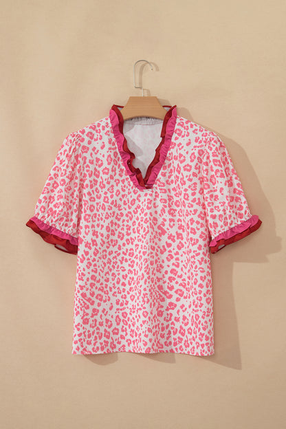 Gray Ruffled Trim V Neck Leopard Print Short Sleeve Blouse