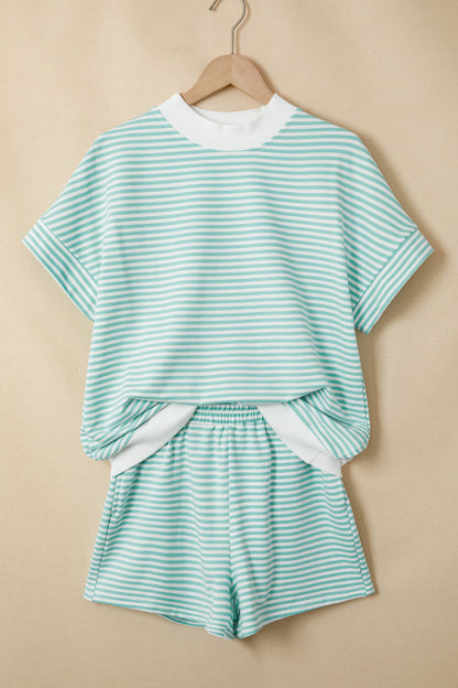 Pink Stripe Cuffed Sleeve Contrast Mock Neck Tee Casual 2pcs Short Set