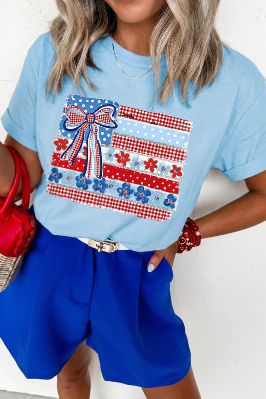 Light Blue Faux Patchwork Printed Coquette American Flag Graphic Tee