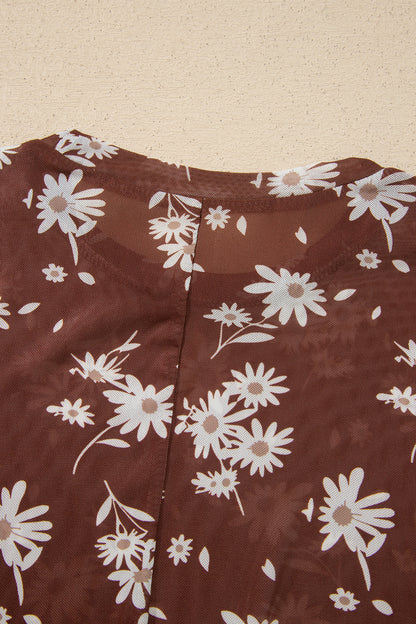 Brown Floral Print Sheer Mesh Long Sleeve Top