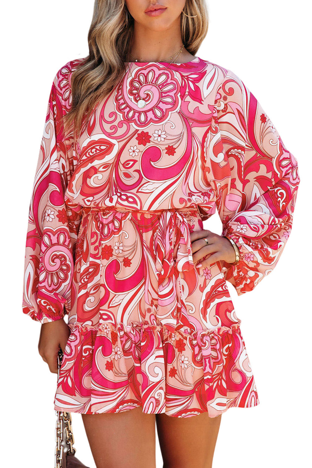 Mini-robe boutonnée à imprimé cachemire et ceinture au dos 