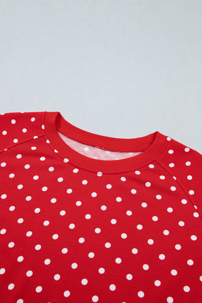Red Polka Dot Drawstring Wide Leg Long Sleeve Top Pant Set