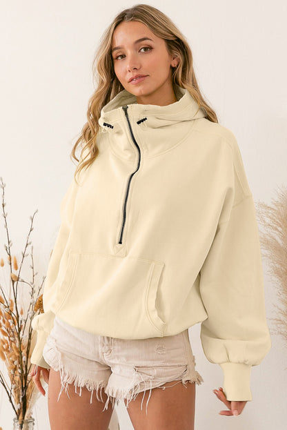Sweat à capuche zippé beige à bordure côtelée et poche kangourou 