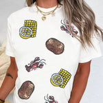 White Sequin Crawfish Potato Lemon Corn Graphic Crewneck T Shirt