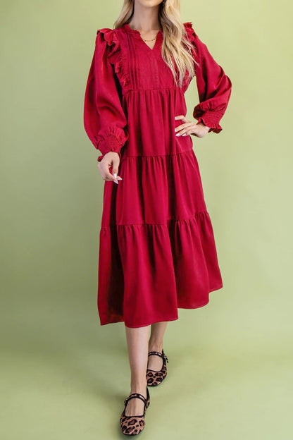 Racing Red Solid Color Ruffle Trim Long Sleeve Tiered Shift Midi Dress