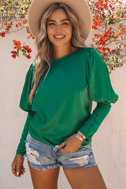 Satin Buttoned Cuffs Puff Sleeve Top