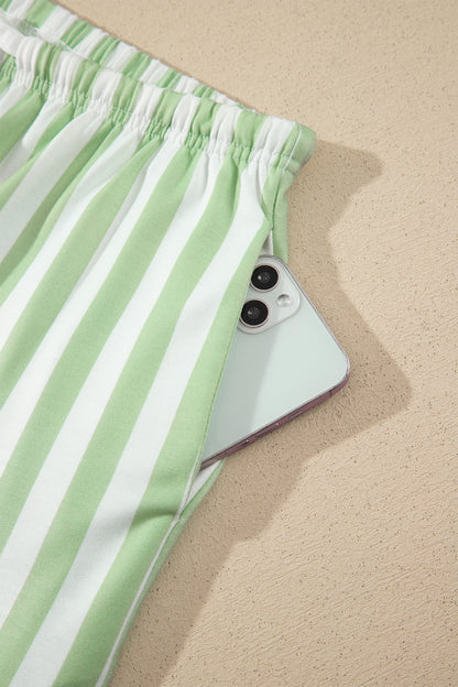 Smoke Green Striped Color Block Pullover Top Drawstring Shorts Set