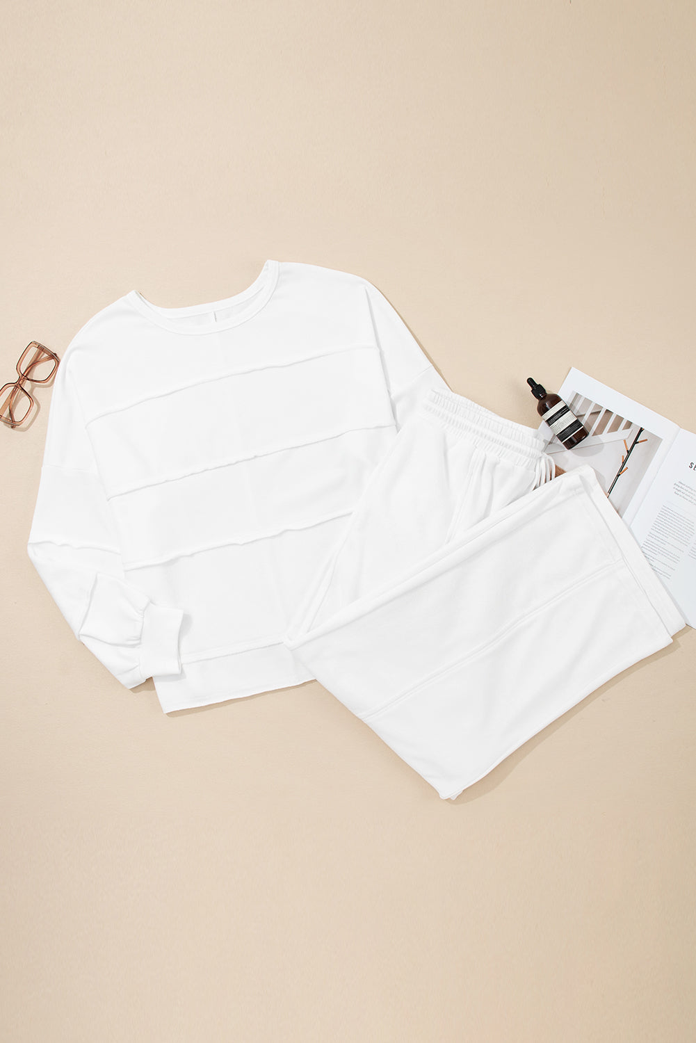 White Textured Raw Seam Plus Size Pullover Top and Drawstring Pants Set