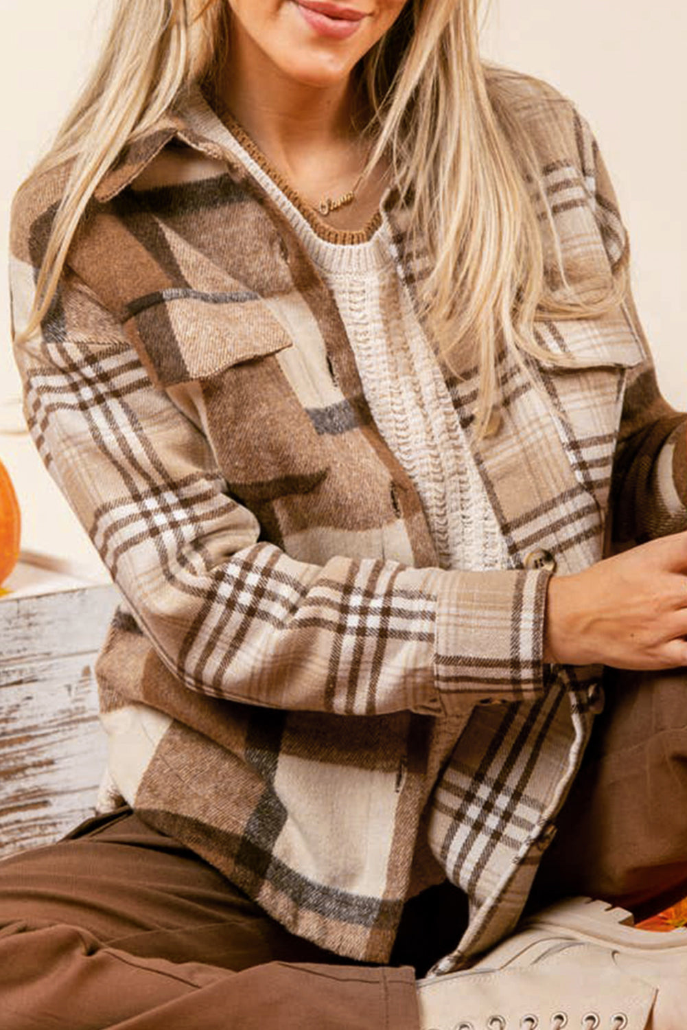 Veste-chemise à double rabat en flanelle beige clair à carreaux