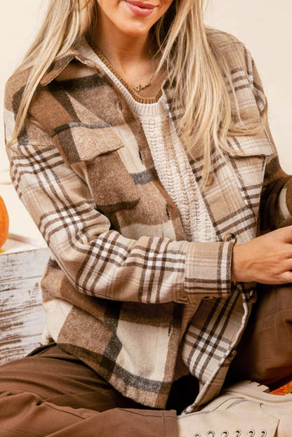 Veste-chemise à double rabat en flanelle beige clair à carreaux