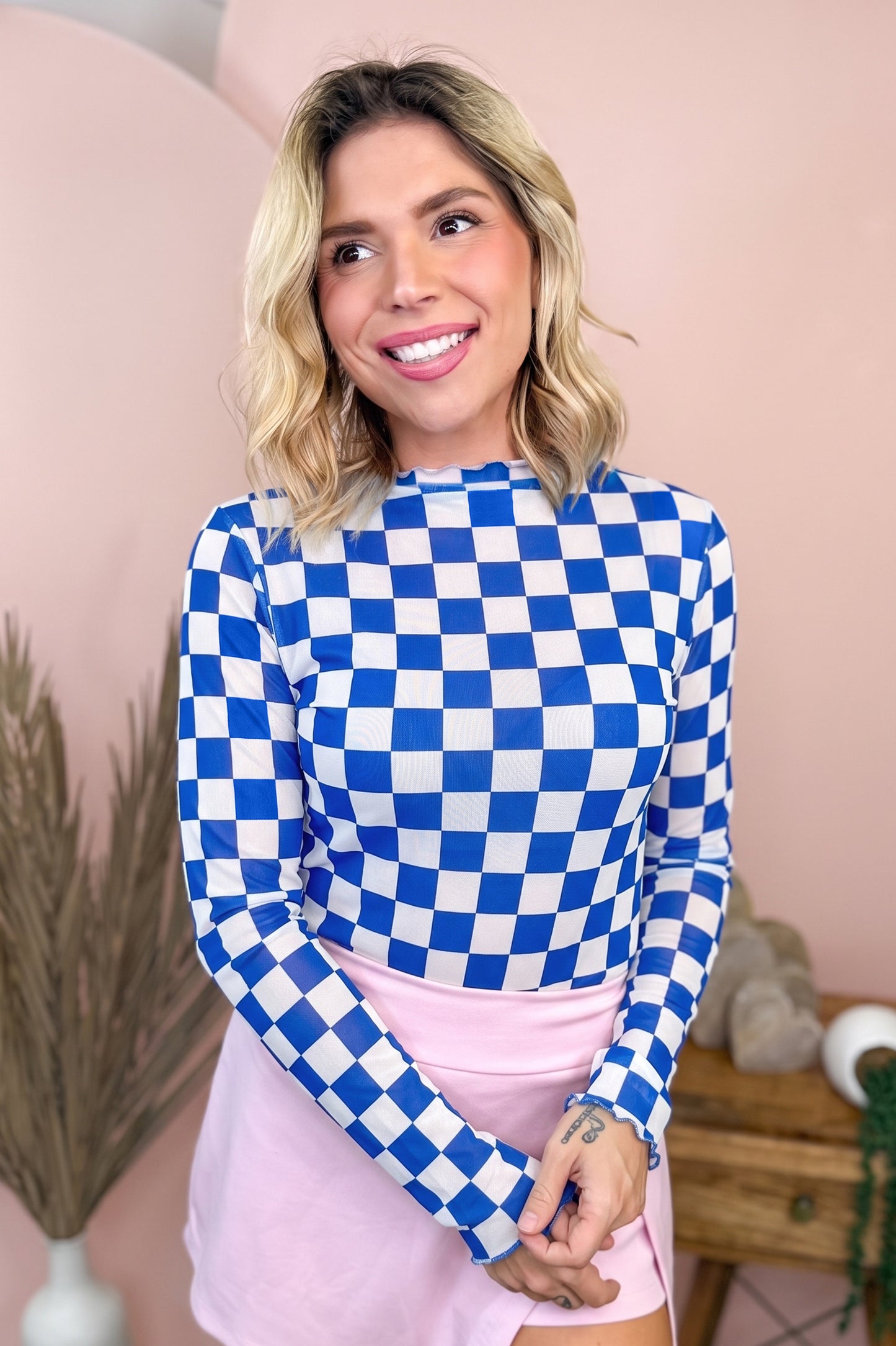 Dark Blue Plaid Mesh Sheer Long Sleeve Top