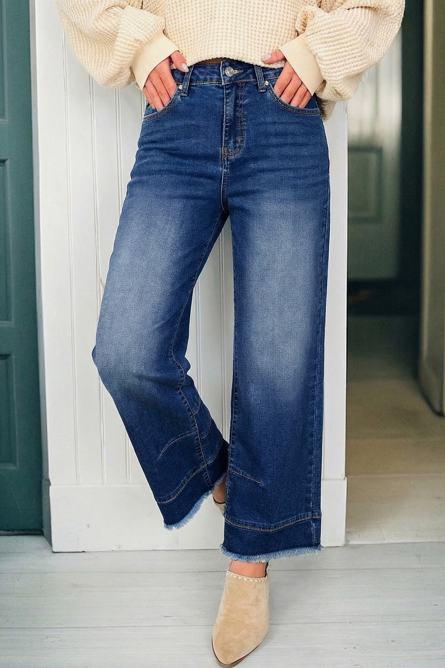 Sky Blue Chic Seam Detail Raw Hem Barrel Jeans