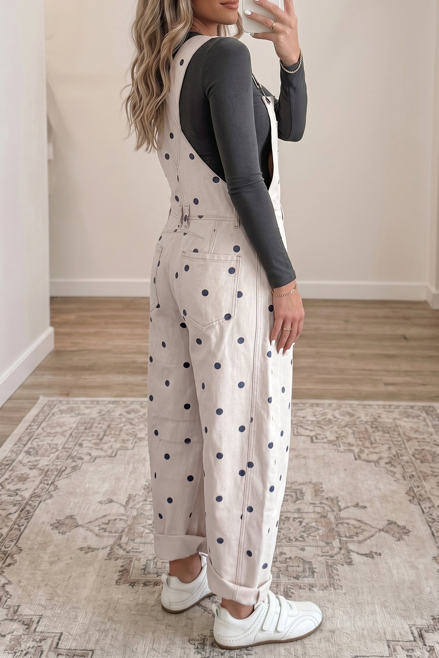 Jet Stream Polka Dot Print Bib Pocket Denim Barrel Overalls Jumpsuit