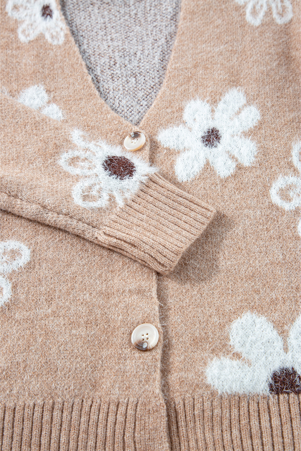 Cardigan boutonné en tricot à col en V et imprimé floral gris fumé