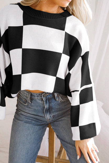 Black Checkered Bishop Sleeve Sweater