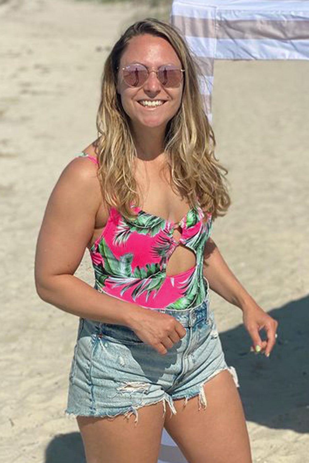 Palm Leaf Print O-ring Cutout Decor One Piece Swimsuit