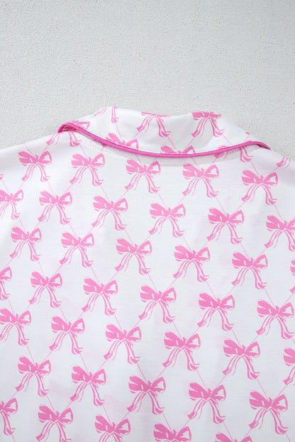 Pink Bowknot Printed Short Sleeve and Ruffled Shorts Valentines Pajama Set