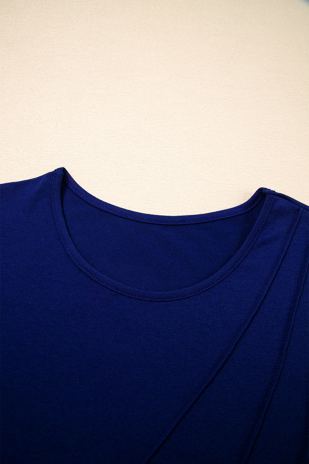 Navy Blue  Asymmetric Seam Detail Solid Color Long Sleeve Top