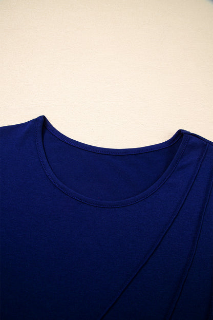 Navy Blue  Asymmetric Seam Detail Solid Color Long Sleeve Top