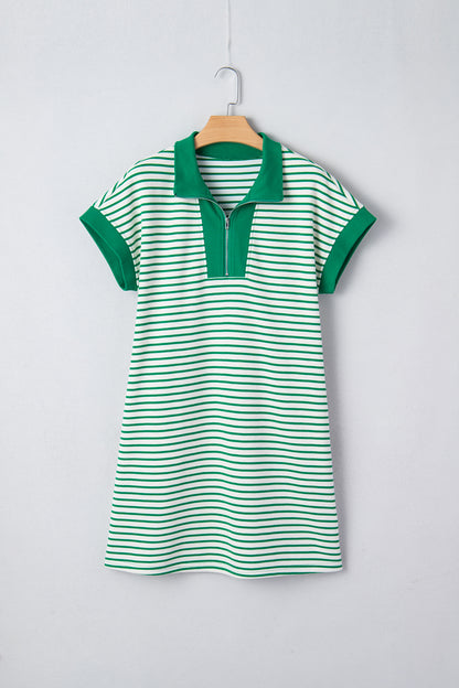 Green Stripe Quarter Zip Polo Collar T Shirt Dress with Pockets