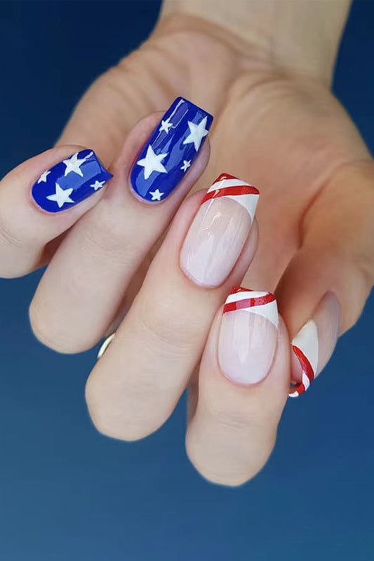 Uñas postizas multicolor con bloques de color de bandera estadounidense, 24 piezas