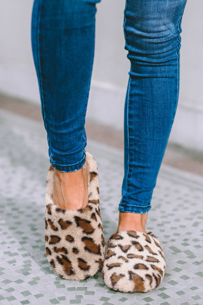 Camel Leopard Print Fuzzy Home Slippers