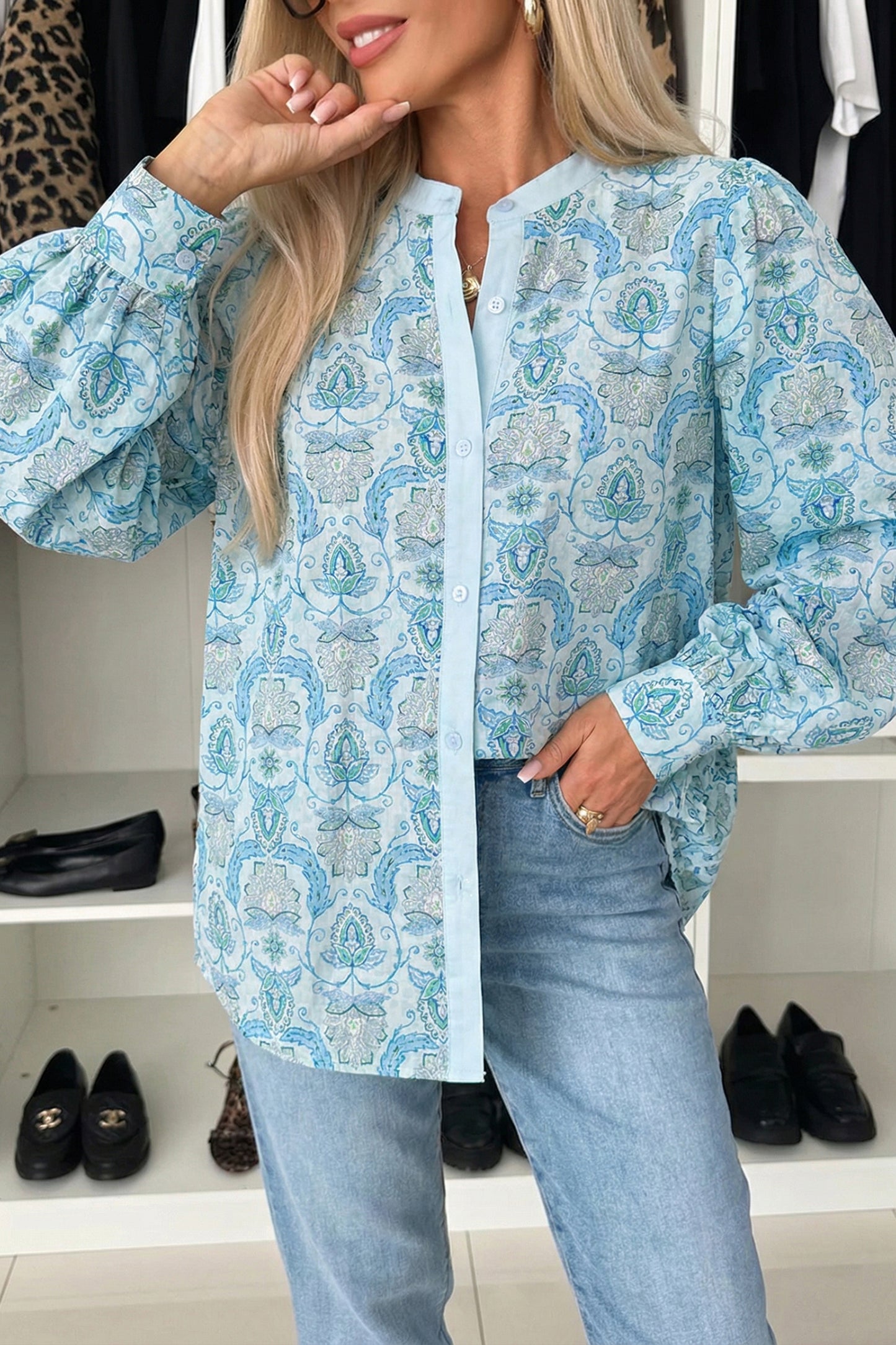 Sky Blue Paisley Print Puff Sleeve Loose Shirt