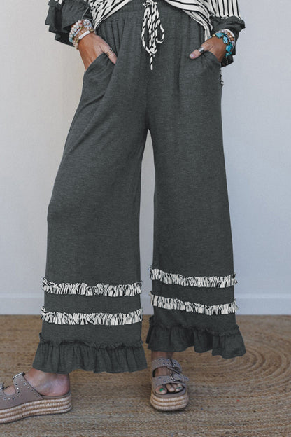 Gray Stripe V Neck Ruffle Contrast Sleeve Top Drawstring Pants 2pcs Set