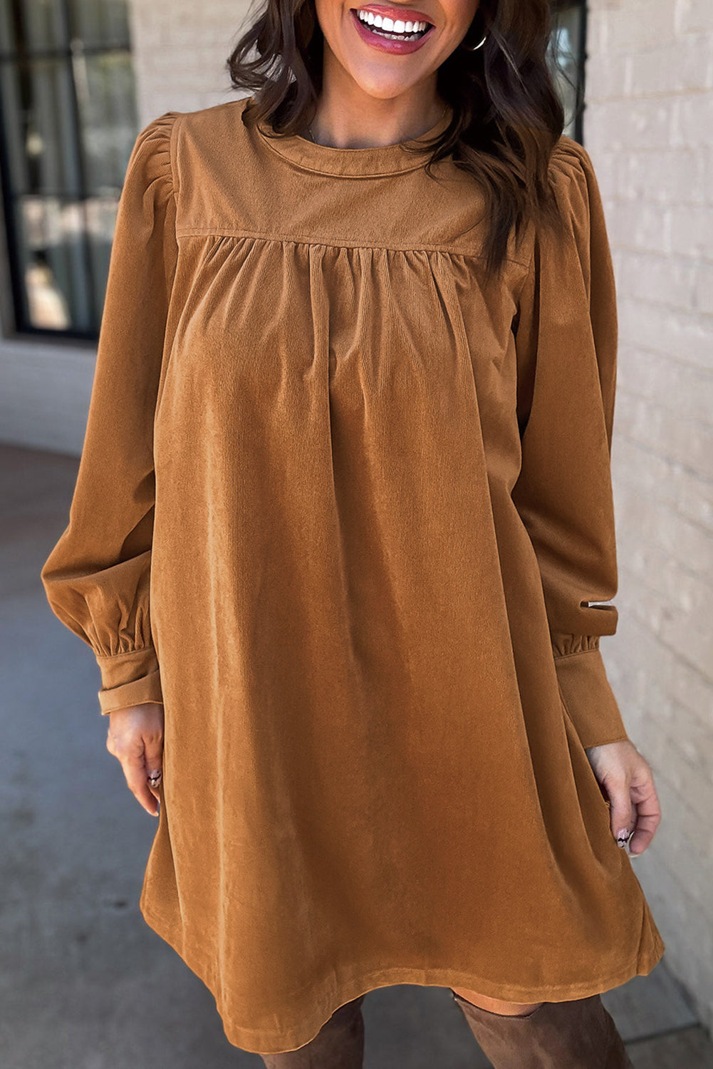 Desert Gold Corduroy Pleated Puff Sleeve Shift Short Dress - Sunny Angela Desert Gold / S Desert Gold Corduroy Pleated Puff Sleeve Shift Short Dress - Sunny Angela Desert Gold / S