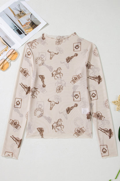 Oatmeal Western Print Slim Fit Mesh Long Sleeve Mock Neck Top