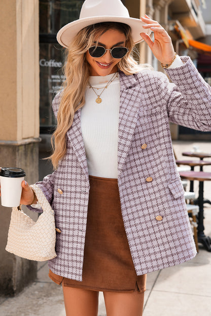 Burgundy Elegant Tweed Plaid Blazer