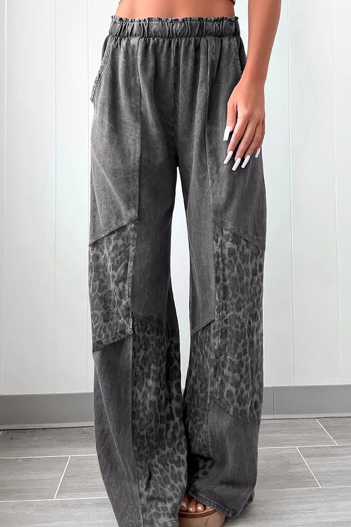 Dark Grey Mineral Wash Leopard Patchwork Loose Pants