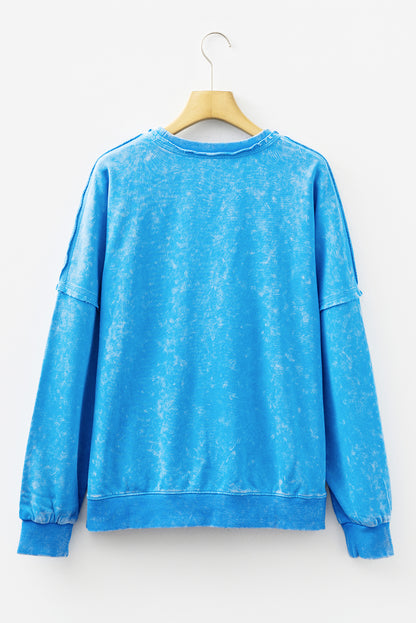 Blue Mineral Wash Raw Seam Double Patched Pocket Pullover Sweatshirt