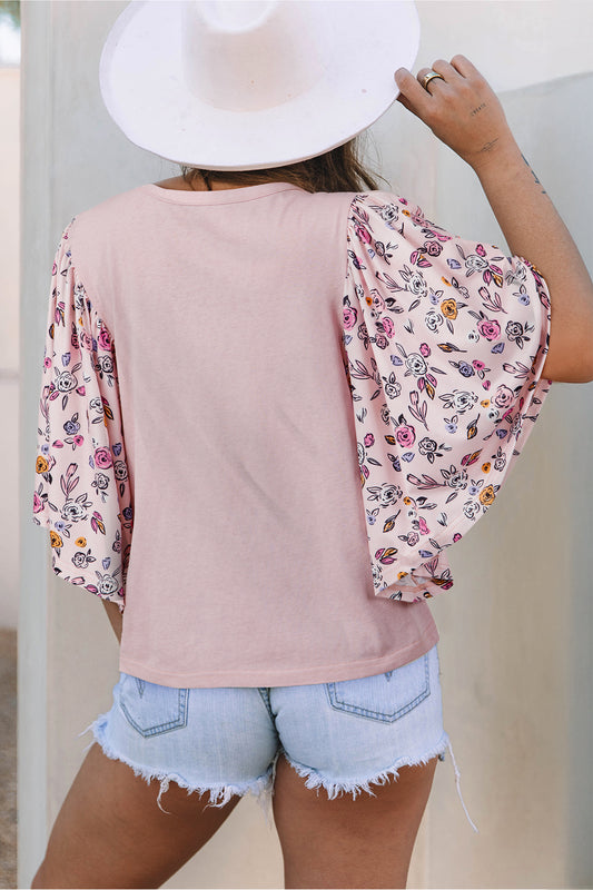 Pink Contrast Floral Patched Flowy Half Sleeve Blouse