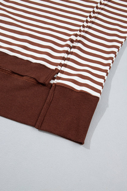 Brown Stripe Color Block Trim Raw Seam Split Hem Loose Pullover Sweatshirt