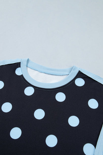 Black Polka Dot Contrast Patchwork Round Neck Baggy Sweatshirt