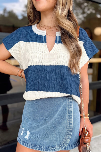 Blue Stripe Striped Colorblock Knit V Neck Short Sleeve Loose Sweater