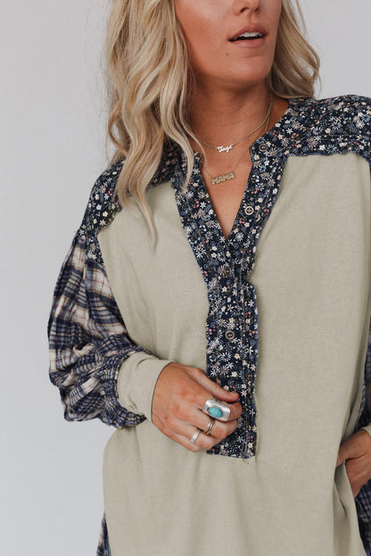 Top de patchwork con manga obispo y estampado mixto de cuadros florales rojo 