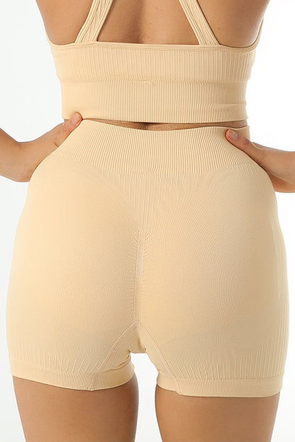 Khaki Textured Butt Lifting High Waist Yoga Shorts