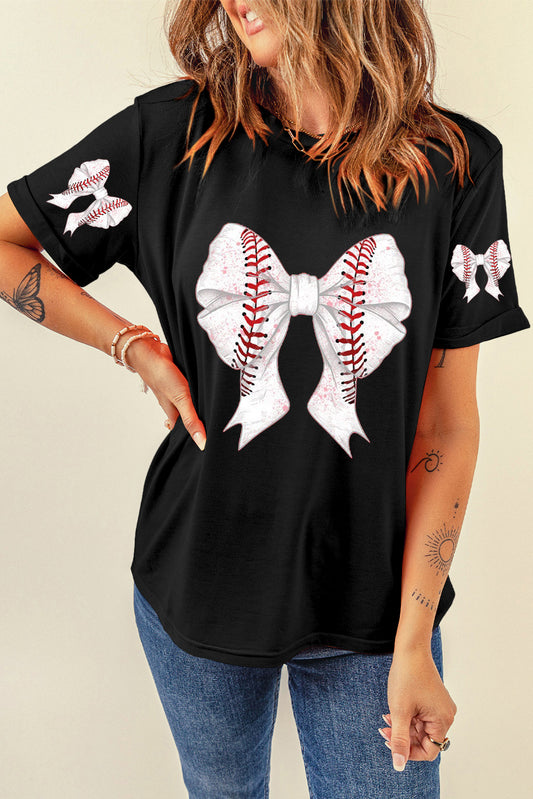 Black Baseball Bowknot Graphic Relaxed T Shirt