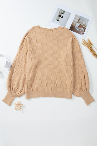 Pull en tricot texturé à carreaux uni beige clair grande taille