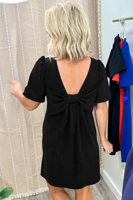 Black Bow Decor Backless Short Sleeve Shift Mini Dress