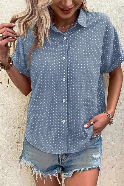 Sky Blue Dotted Print Cuffed Short Sleeve Shirt