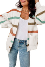 Beige Drop Shoulder Pocketed Stripe Sweater Cardigan