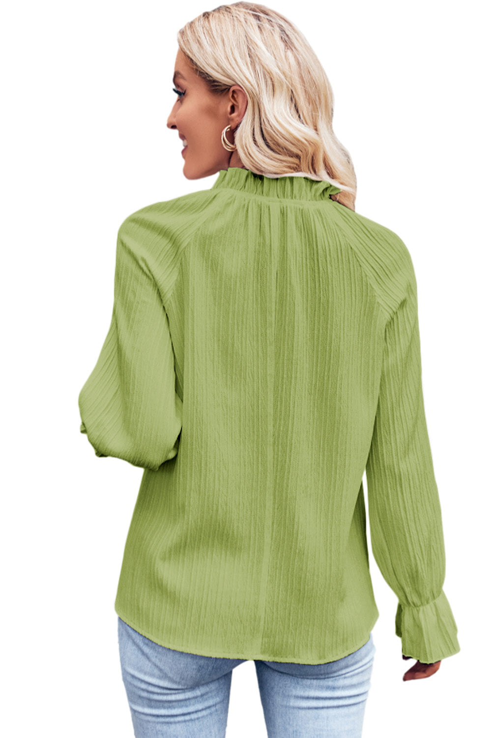 Blusa con volantes y cuello simulado con manga de burbuja ondulada verde 