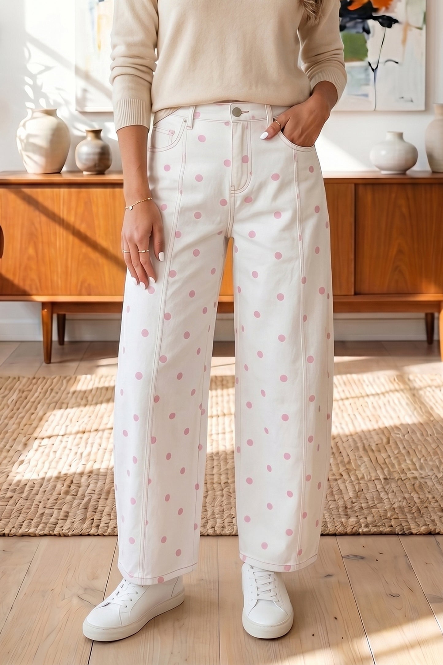Pink Tailored Seam Polka Dot Print Ankle Length Casual Jeans