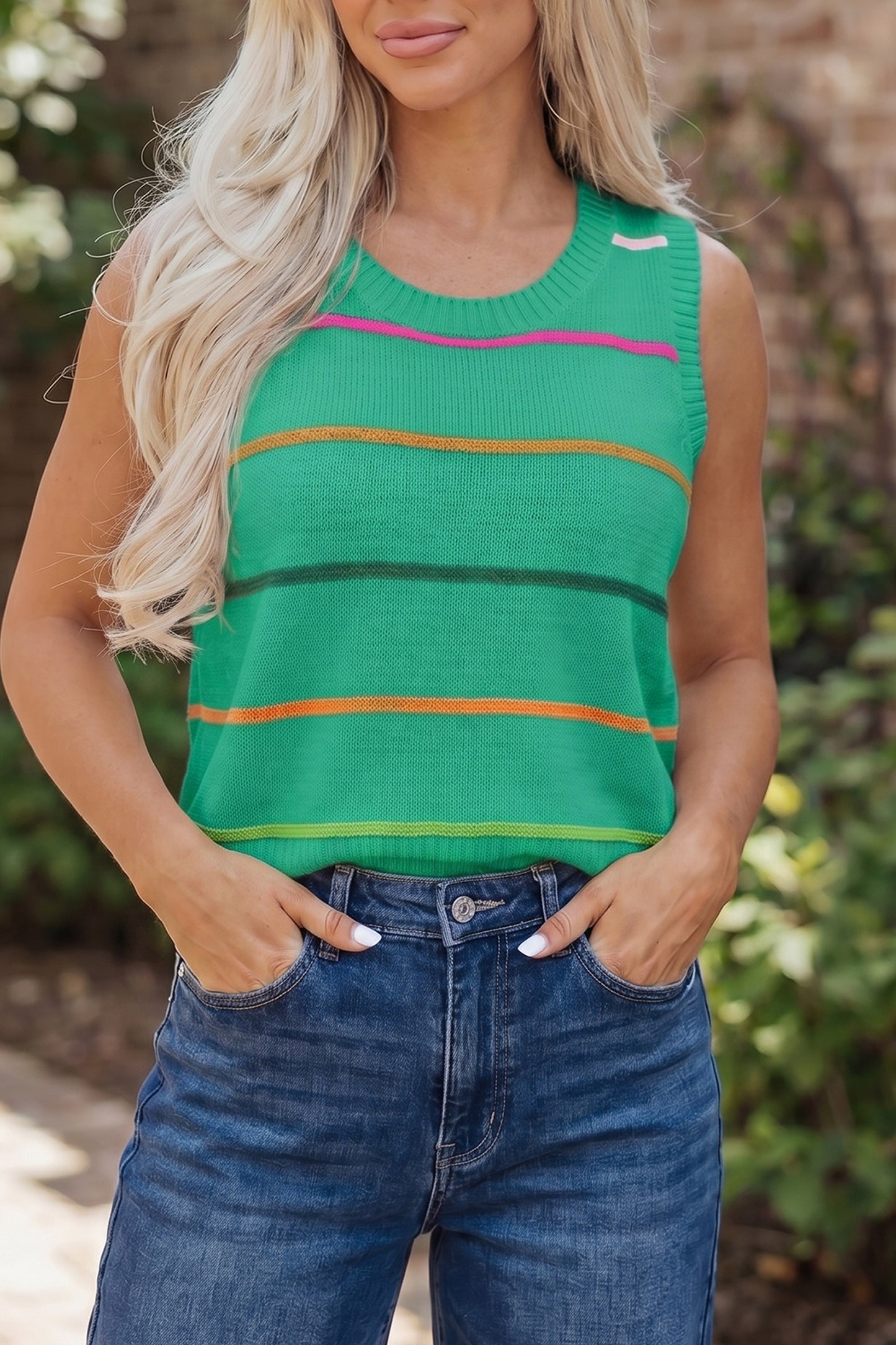 Green Stripe Round Neck Knitted Sweater Tank