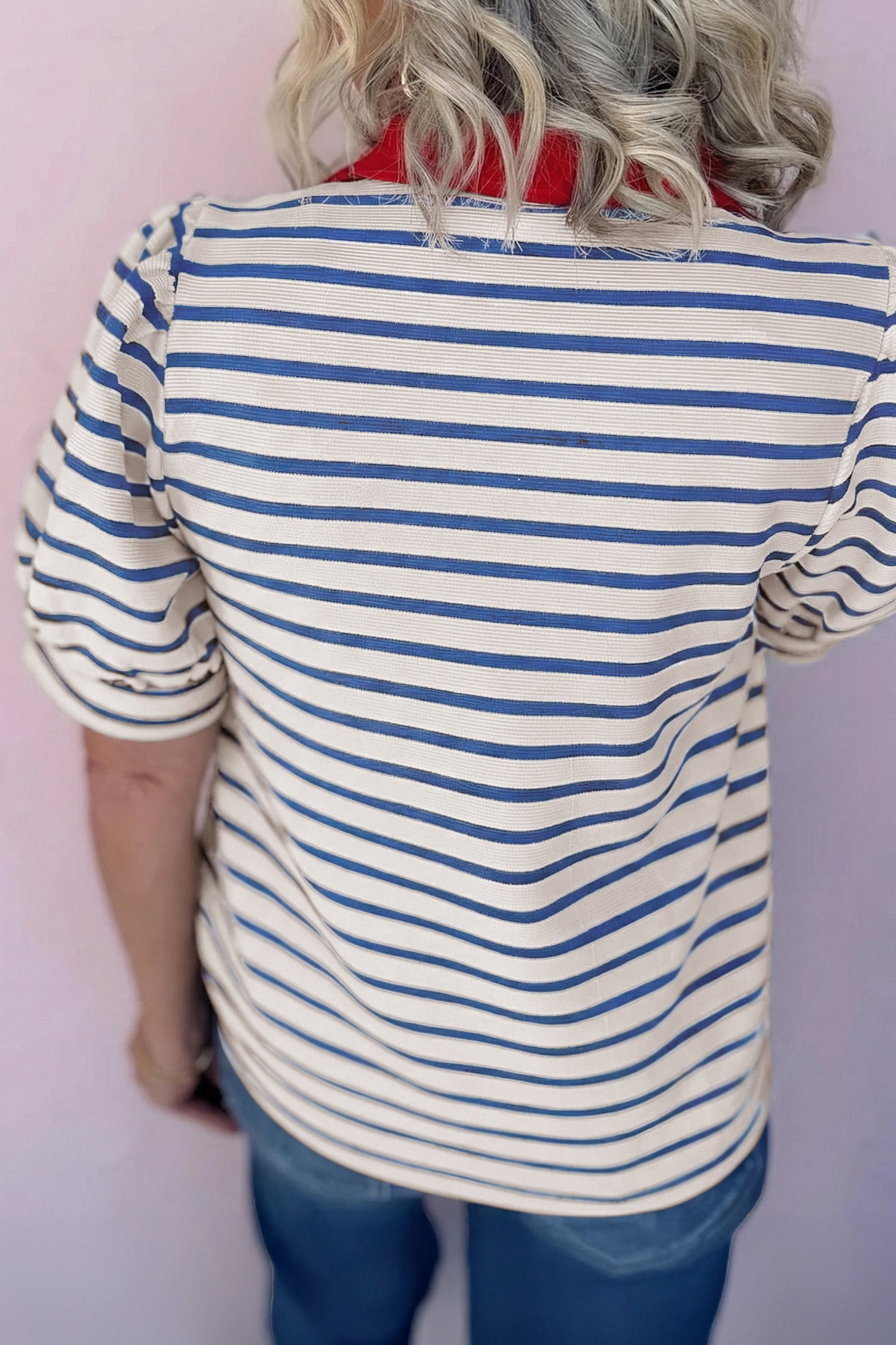 Pink Stripe Short Puff Sleeve Color Block Polo Collar Blouse